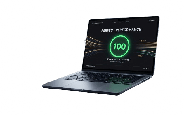 מחשב נייד המציג ציון Google PageSpeed מושלם 100 ואופטימיזציית ביצועים